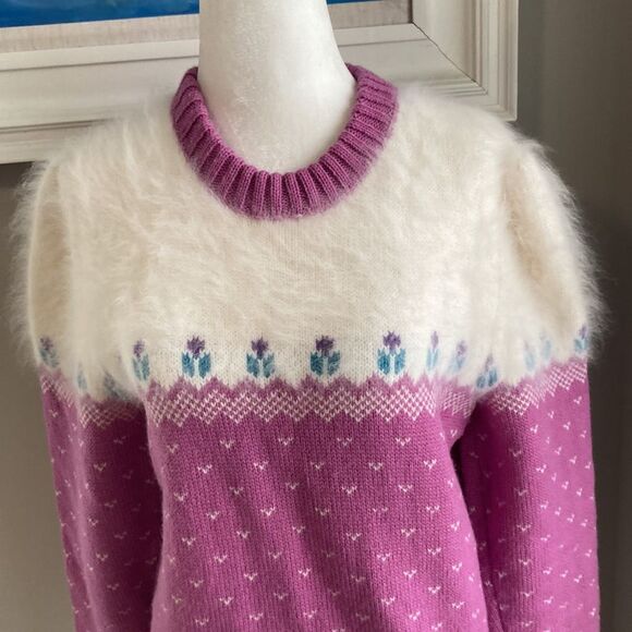 Vintage 80s Top Notch Wool Crewneck Tulip Fair Isle Sweater Handmade in the USA - Picture 5 of 16